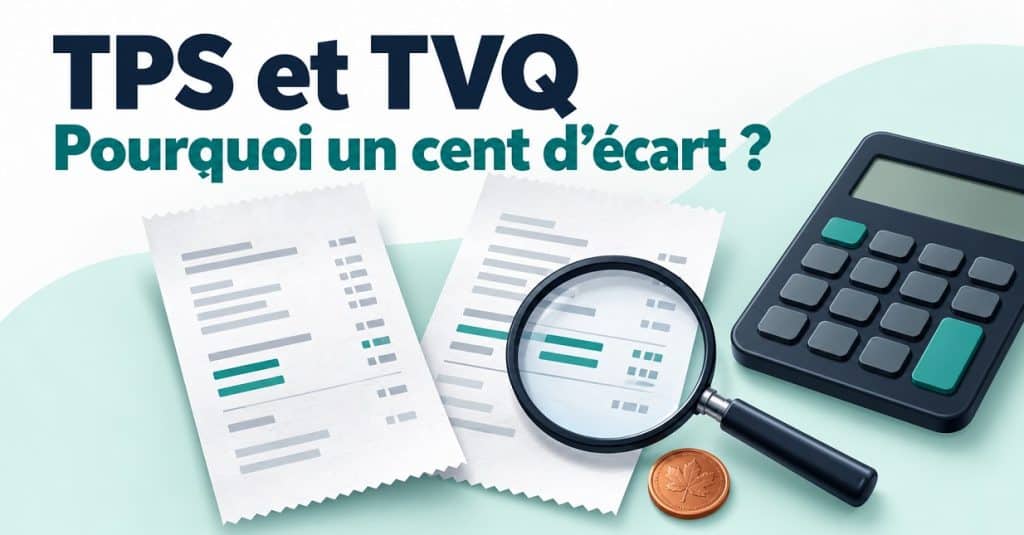 Deux reçus, une calculatrice et une loupe illustrant un écart d’un cent dans le calcul de la TPS et de la TVQ.